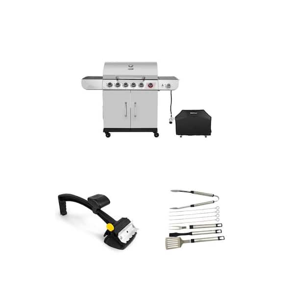 BBQ Daddy Grill Brush, 6-Burner Liquid Propane Gas Grill with Cover, and 8 Piece Grill Tool Set