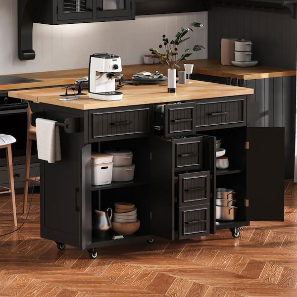 Black Wood 56.5 in. Kitchen Island with Drop Leaf, Power Outlet, 4 Doors, 5 Deep Drawers and Adjustable Shelves