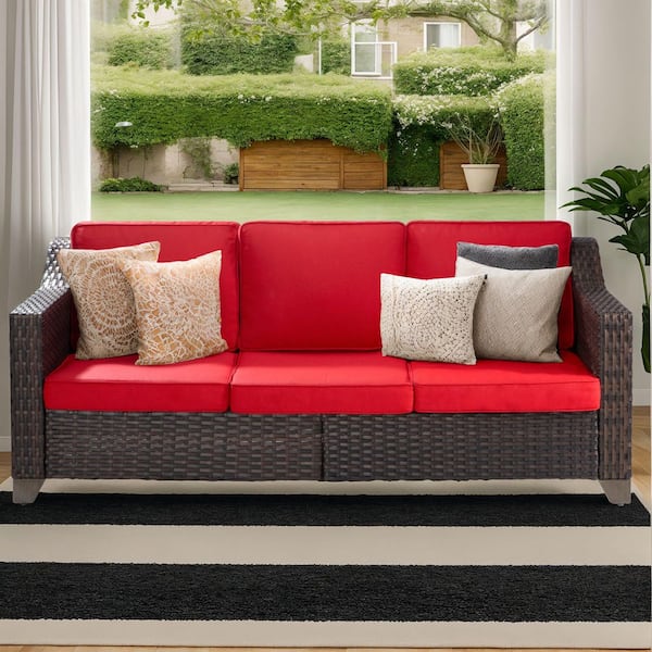 3-Seat Wicker Outdoor Couch with Red Cushions