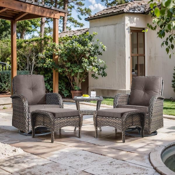 Bellefurn Rotavia 5-Piece Brown Wicker Patio Conversation Set with Swivel Rocking Chairs, Ottomans, Side Table and Gray Cushions