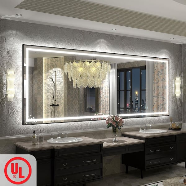 96in. W x 36in. H Rectangular Framed Front and Back LED Lighted Anti-Fog Wall Bathroom Vanity Mirror in Tempered Glass