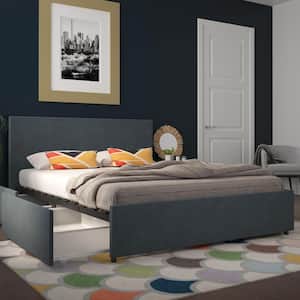 Kelly Navy Blue Linen Upholstered Queen Bed with Storage