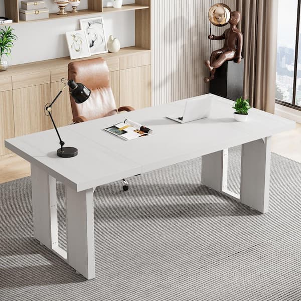 BYBLIGHT Havrvin 71 in. Rectangle White MDF Computer Desk with Metal Frame, Modern Workstation Business Furniture for Home Office