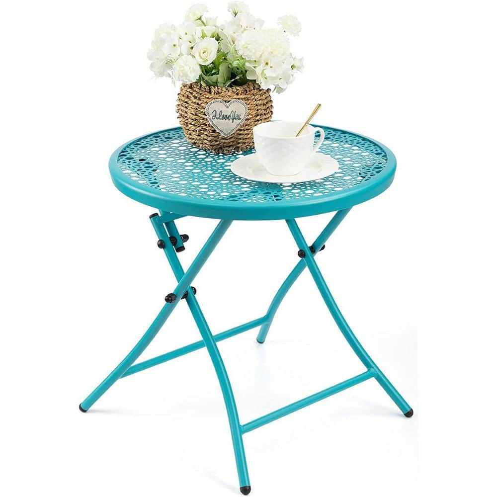 Dyiom 17.7 in. Round Metal Folding Outdoor Side Tables with Flower Cutouts  in Blue B09TW4DXZQ - The Home Depot