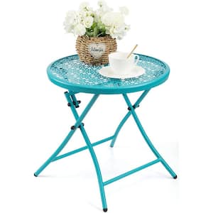 17.7 in. Round Metal Folding Outdoor Side Tables with Flower Cutouts in Blue
