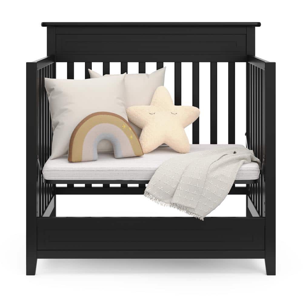 Petal Black Pine Wood 4-in-1 Convertible Mini Crib with Mattress
