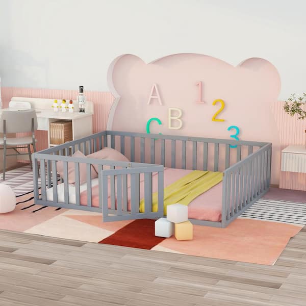 GODEER Gray Wood Frame Queen Size Platform Bed with Fence and Door