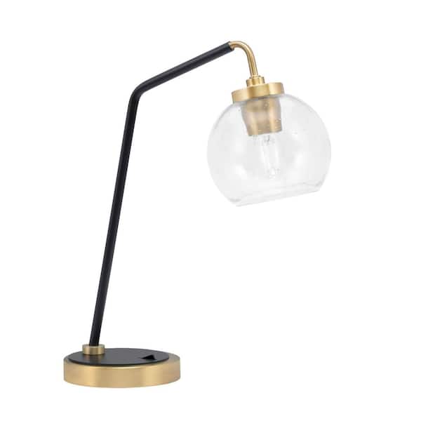 Unbranded Delgado 16.5 in. Matte Black and New Age Brass Desk Lamp with 5 in. Clear Bubble Glass