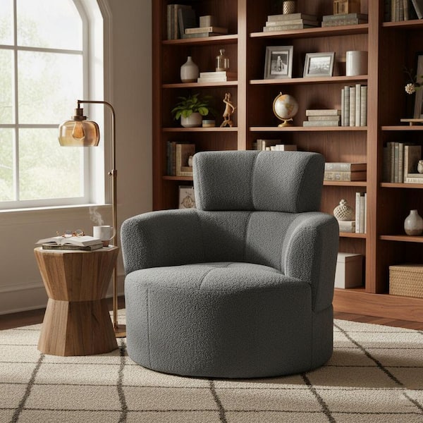 AQTQ Fabric Upholstered 360° Swivel Ergonomic Lumbar Support Tufted Gaming Chair in Grey with Arm and Cushioned