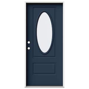 36 in. x 80 in. 1 Panel Right-Hand/Inswing 3/4 Lite Oval Clear Glass Revival Blue Steel Prehung Front Door