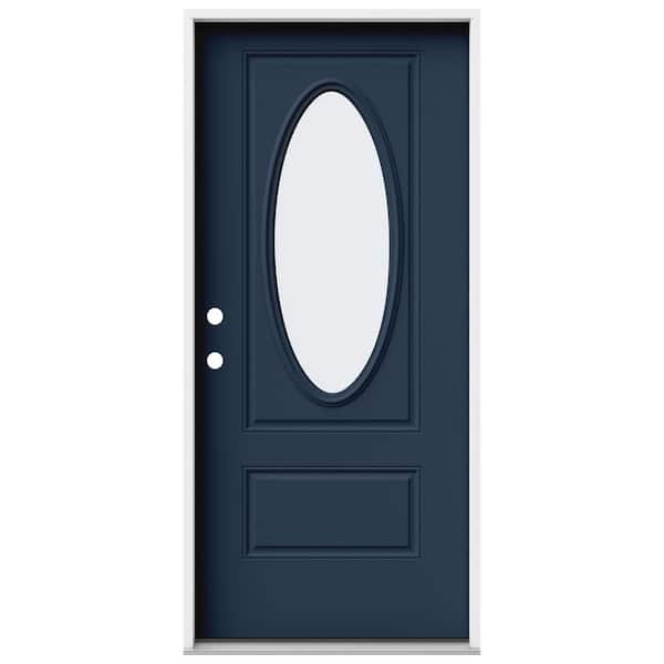 JELD-WEN 36 in. x 80 in. 1 Panel Right-Hand/Inswing 3/4 Lite Oval Clear Glass Revival Blue Steel Prehung Front Door