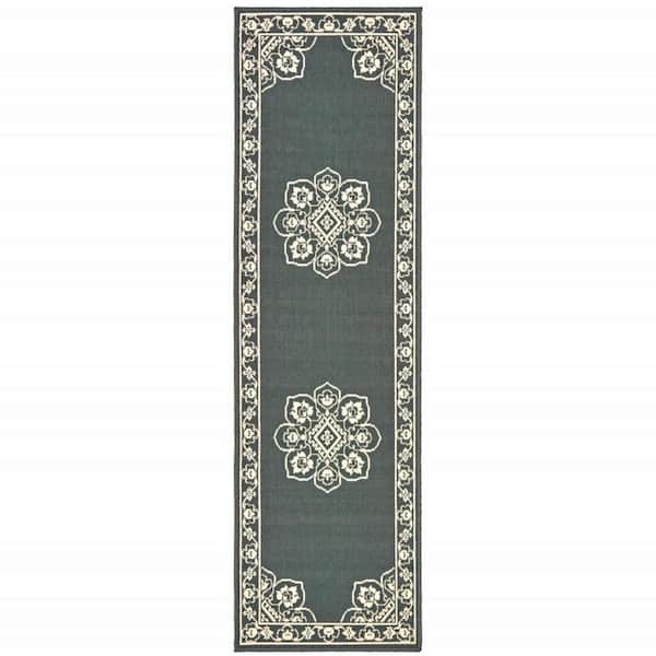 Gray, Ivory 2 ft. x 8 ft. Loomed Oriental Polypropylene Rectangle Indoor/Outdoor Area Rug