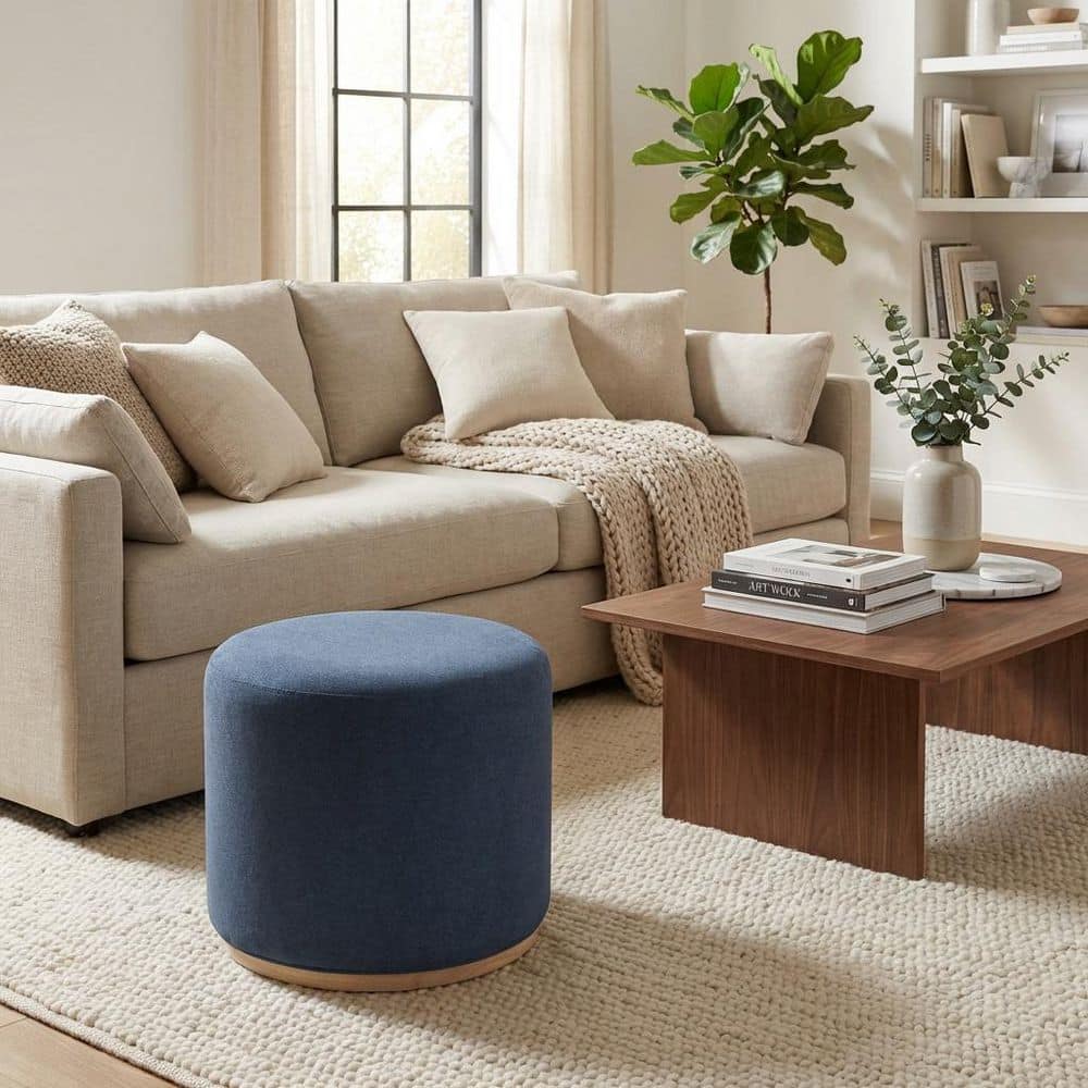 Homepop Blue Woven Fabric Wood Base Drift Ottoman K8799-F2376