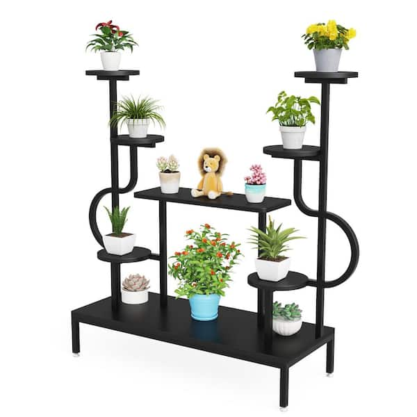 BYBLIGHT Wellston 47.2 in. H Black Round Wood Corner Plant Stand Indoor ...