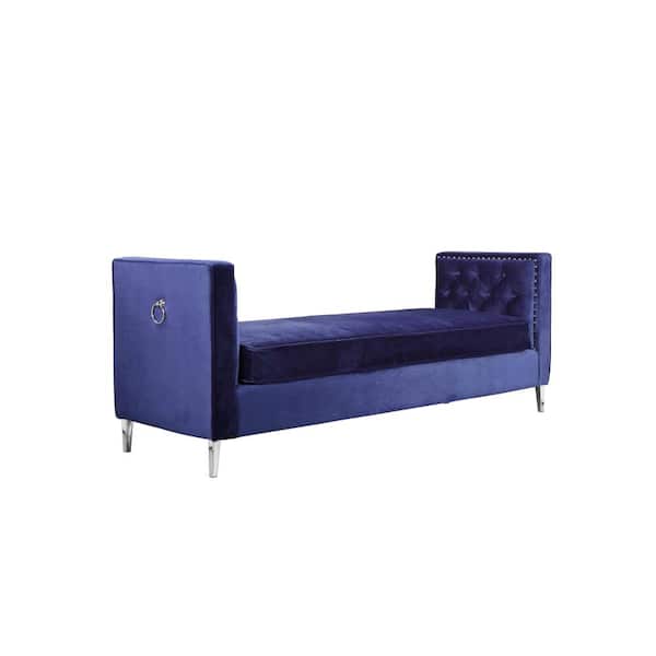 Benjara 71 in. Blue and Chrome Backless Bedroom Bench with Deep Tufting and Nailhead Trim