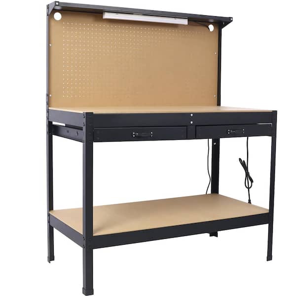Kahomvis 47.5 in. W x 23.6 in. D 2-Drawer Heavy Duty Steel Workbench Table with LED Light, AC Outlets,USB Ports, Wood Top