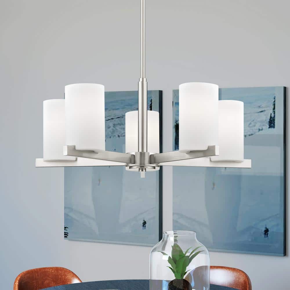 Astoria Minimalist 5-Light Chandelier in Brushed Nickel with Satin Opal Shades
