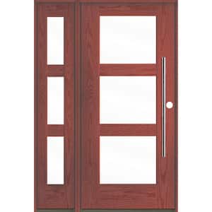 Modern Faux Pivot 50 in. x 80 in. 3-Lite Left-Hand/Inswing Clear Glass Redwood Stain Fiberglass Prehung Front Door/LSL