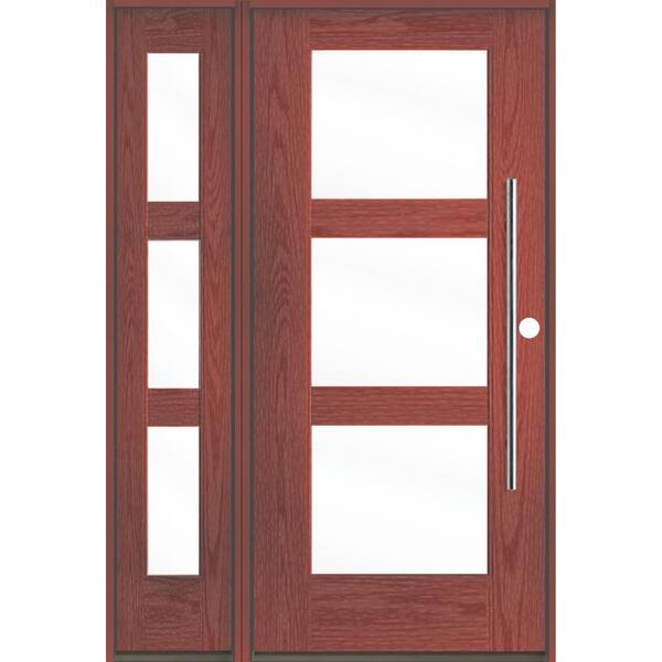 Krosswood Doors Modern Faux Pivot 50 in. x 80 in. 3-Lite Left-Hand/Inswing Clear Glass Redwood Stain Fiberglass Prehung Front Door/LSL