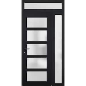 42 in. x 94 in. Right-hand/Inswing Side and Transom Frosted Glass Black Steel Prehung Front Door with Hardware