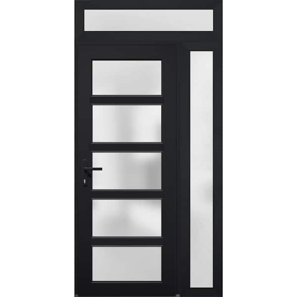 VDOMDOORS 42 in. x 94 in. Right-hand/Inswing Side and Transom Frosted Glass Black Steel Prehung Front Door with Hardware