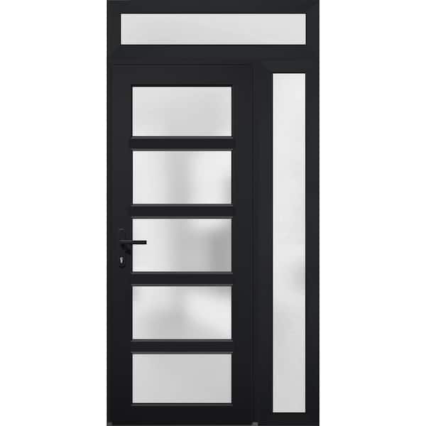 VDOMDOORS 44 in. x 94 in. Right-Hand/Inswing Sidelight and Transom Frosted Glass Black Steel Prehung Front Door with Hardware