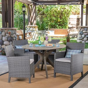 Wes Gray 5-Piece Wood and Faux Rattan Outdoor Dining Set with Light Gray Cushions