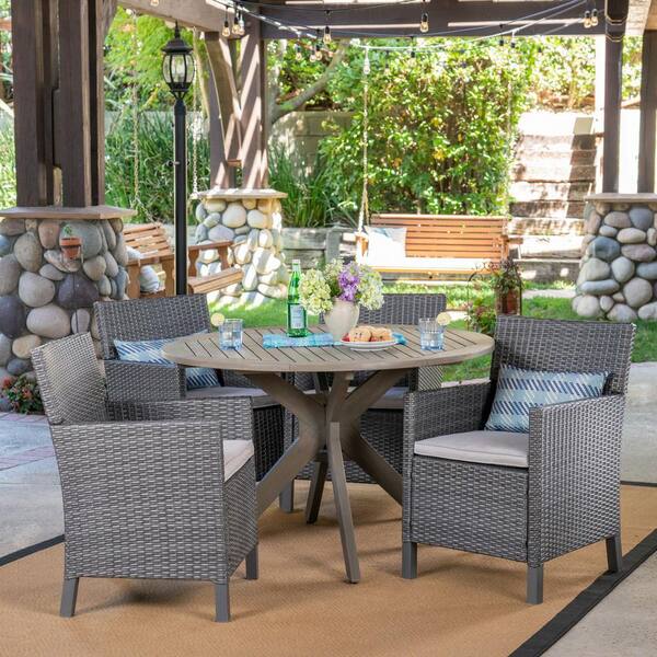 Noble House Wes Gray 5-Piece Wood and Faux Rattan Outdoor Dining Set ...