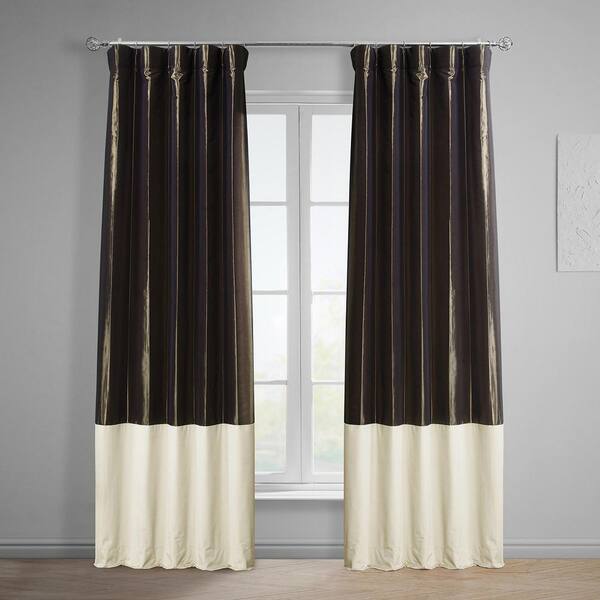 Exclusive Fabrics & Furnishings Banded Java Faux Silk & Au Lait Creme Velvet Rod Pocket Room Darkening Curtain - 50 in. W x 96 in. L (1 Panel)