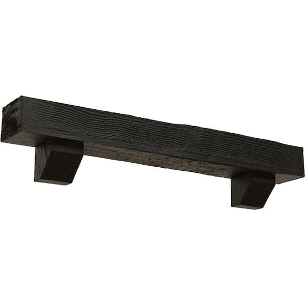 Ekena Millwork 4 in. x 8 in. x 7 ft. Rough Sawn Faux Wood Fireplace Mantel Kit with Ashford Corbels, Burnished Cedar