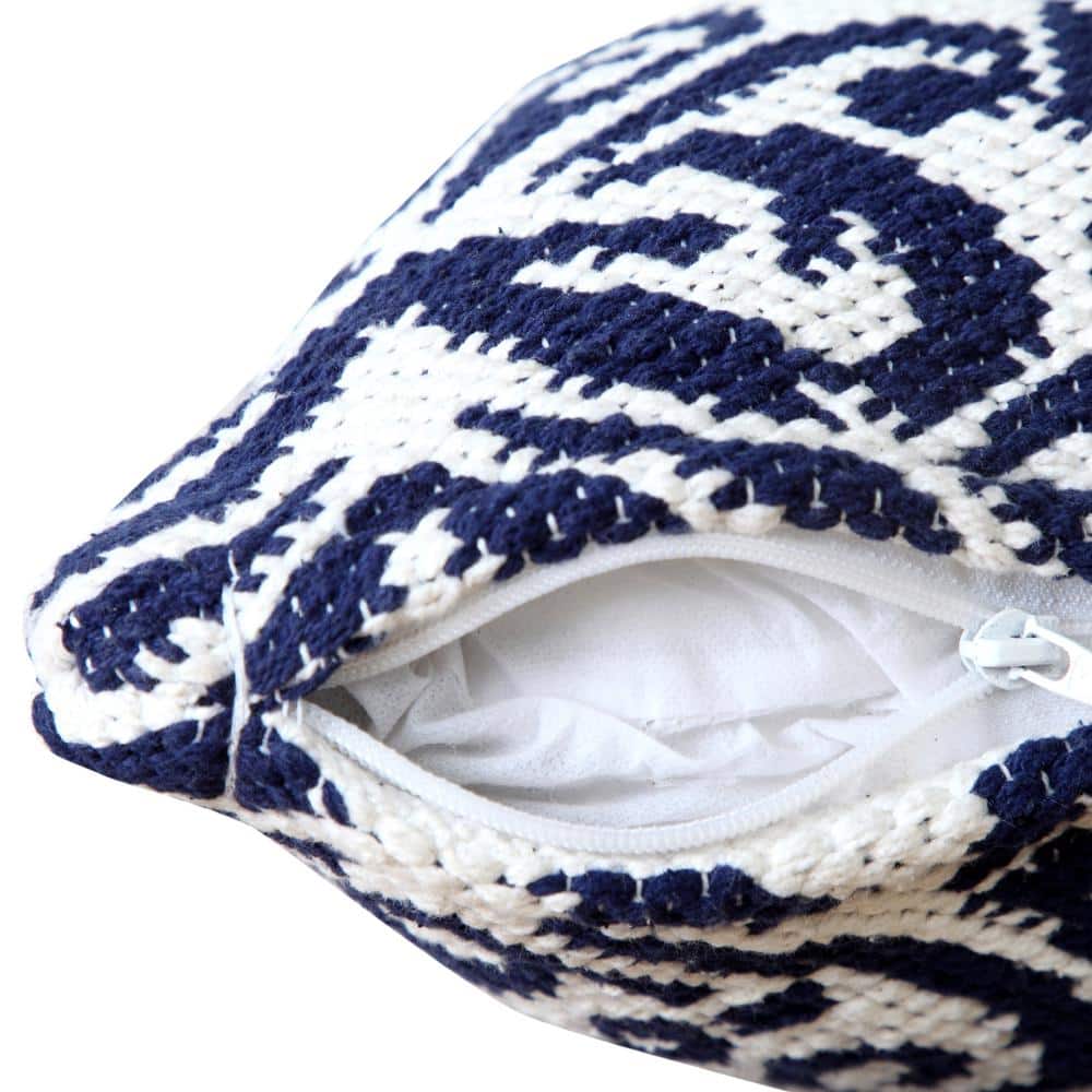 Blue and White Cotton Damask Square Throw Pillow Set