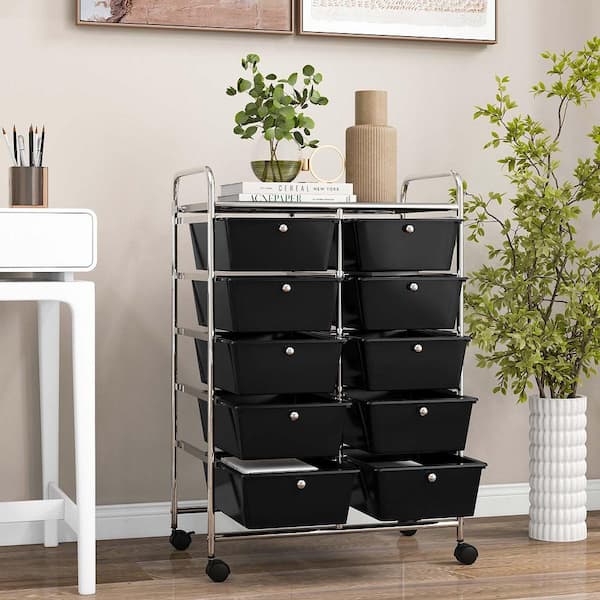 10-Drawer 4-Wheeled Plastic Storage Cart Utility Rolling Trolley Kitchen Office Organizer in Black