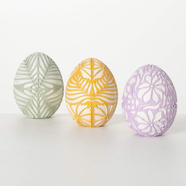 SULLIVANS 4.5 in. Sculpted Botanical Egg Decor Set of 3, Resin