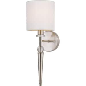 Merritt 1-Light Wall Sconce with Crystal Accents and Round Lampshade for Hardwire Installation Only, Satin Nickel