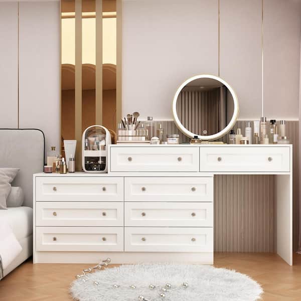 White Wood 8-Drawer 82.7 in. W Retractable Chest of Drawer With Rotatable Table, Crystal Handles
