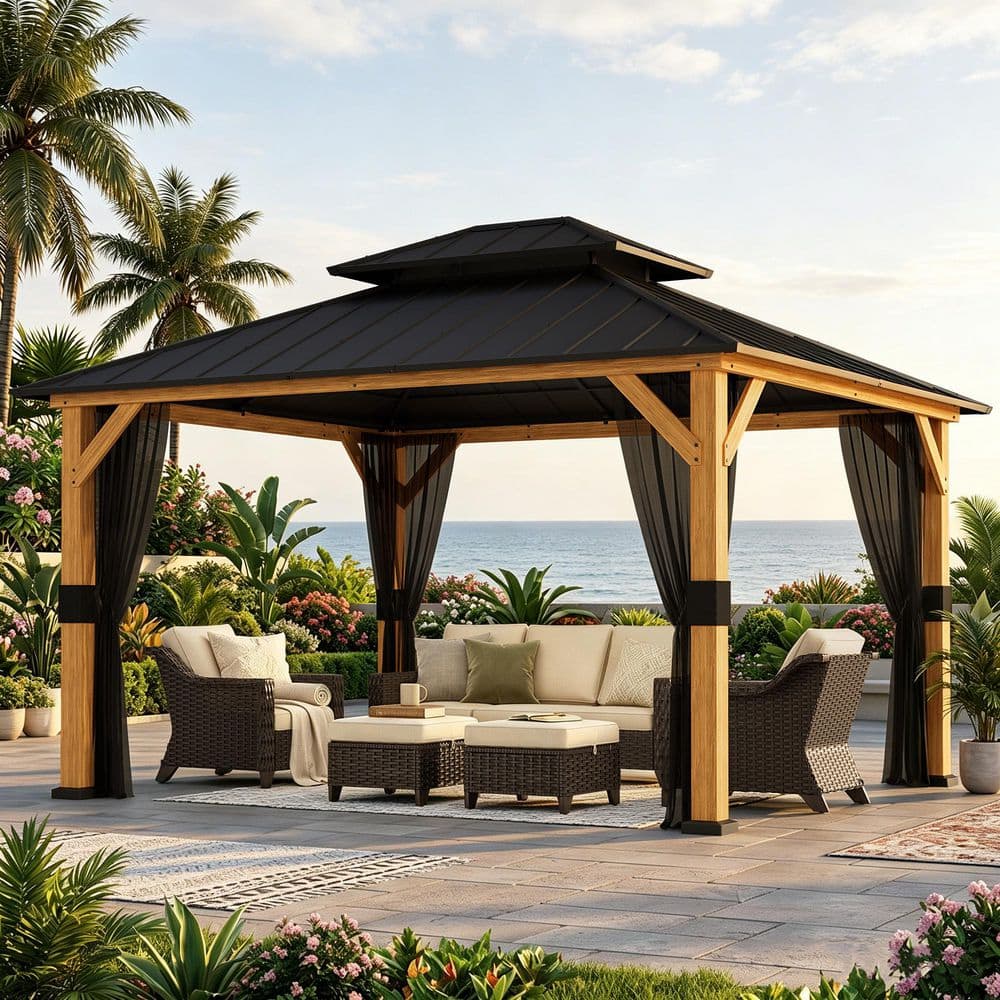 JOYSIDE 13 ft. x 11 ft. Solid Wood Frame Outdoor Hardtop Gazebo