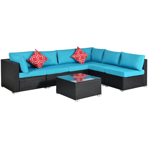FORCLOVER 7-Piece Black Wicker Patio Conversation Sectional Seating Set with 2 Red Pillows and Blue Cushions
