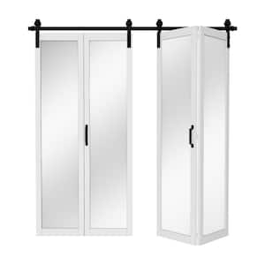 80 in. x 84 in. 1-Lite Mirrored Glass White Finished Composite Bi-Fold Sliding Barn Door with Hardware Kit