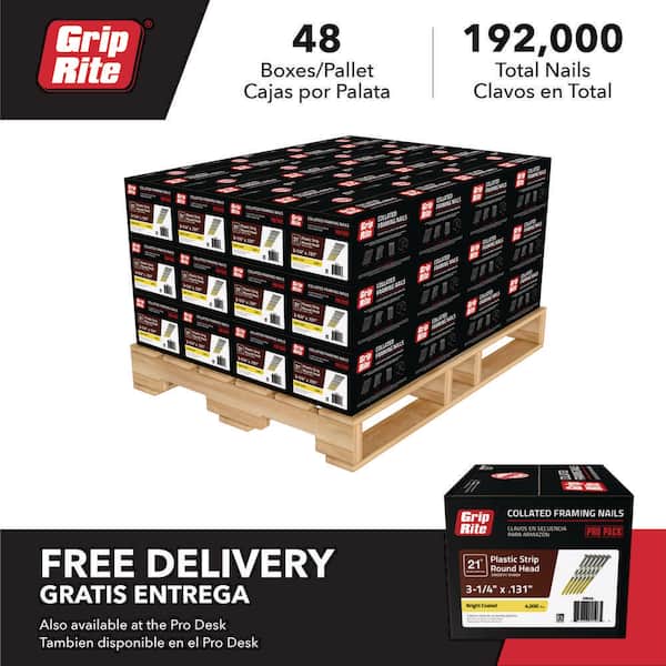 3-1/4 in. x 0.131 in. 21° Plastic Collated Bright Coated Steel Smooth Shank Framing Nails 4000 Per Box, 48 per Pallet