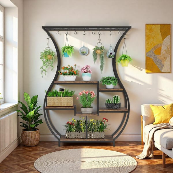 Tribesigns 70.9 in. Brown Vase Shape Specialty Indoor Plant Stand with 10 Hanging Hooks,6-shelf Plant Stand for Balcony Living Room