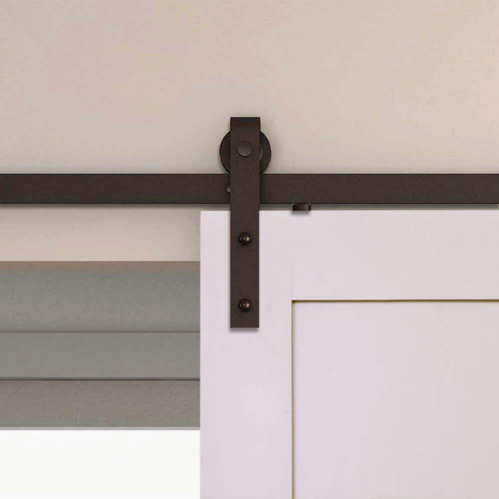 Espresso Solid Steel Sliding Barn Door Hardware Kit with Routed Floor Guide