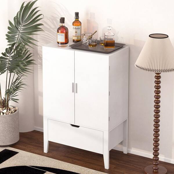 Tileon 31 White Wood Freestanding Wine Bar Cabinet, Sideboard
