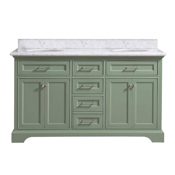 Windlowe 61 in. Double Sink Green Bath Vanity with White Carrara Marble Top (Assembled)