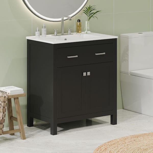 30 in. W Single Sink Modern Freestanding Black Bath Vanity with White Ceramic Top Dual Storage Shelves (Unassembled)