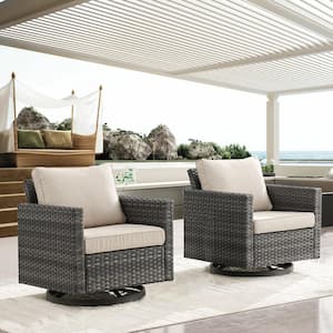 Gray Swivel Wicker Outdoor Rocking Chair with Beige Cushions and Glide Function (2-Pack)