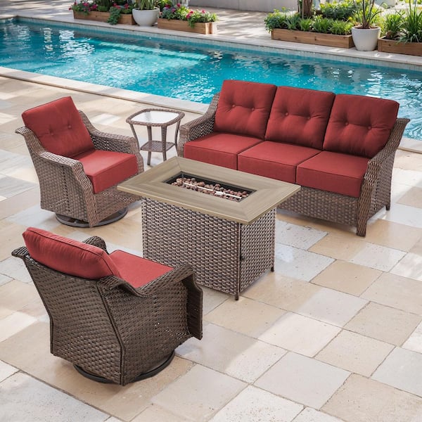 Artisan Brown 5-Piece Wicker Outdoor Patio Fire Pit Conversation Set with Red Cushions and Swivel Gliders