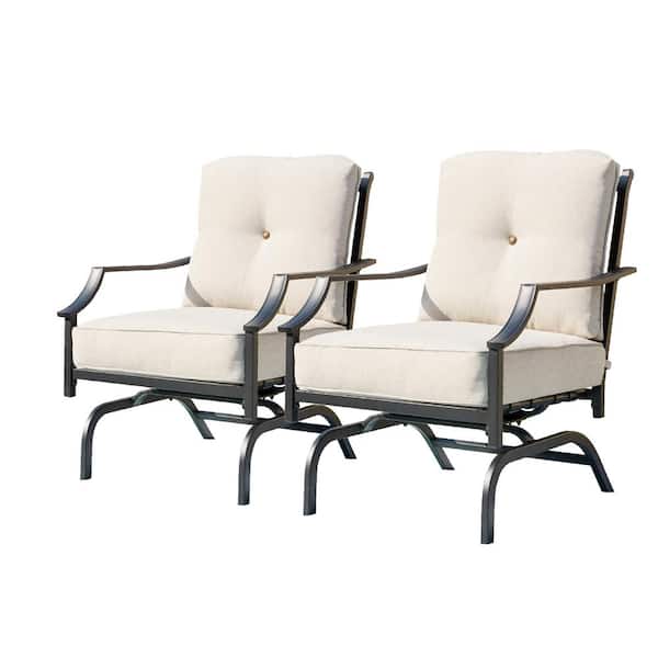 TOP HOME SPACE Rocking Metal Outdoor Dining Chair with Beige Cushions(2-Pack)