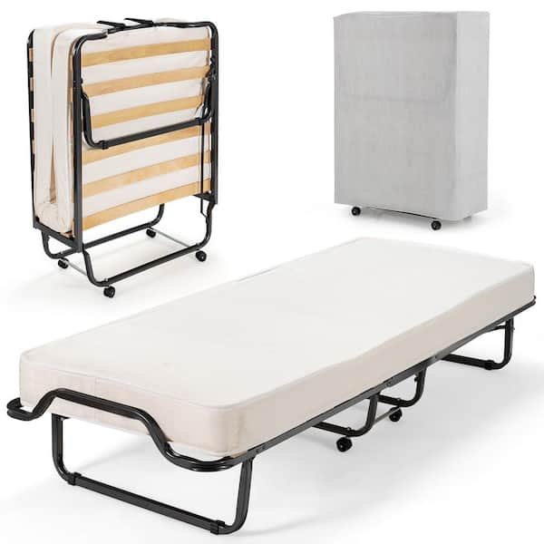 Costway Folding Bed with Memory Foam Mattress Dust-Proof Bag Rollaway Metal Bed Sleeper Made in Italy