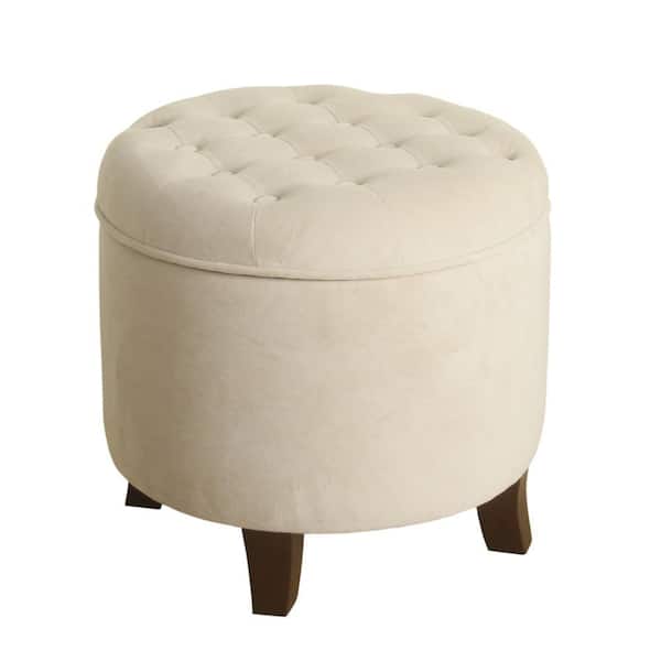 Benjara Cream and Brown Velvet Round Storage Ottoman