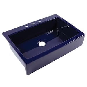 Josephine 34 in. 3-Hole Quick-Fit Farmhouse Apron Front Drop-in Single Bowl Gloss Royal Blue Fireclay Kitchen Sink